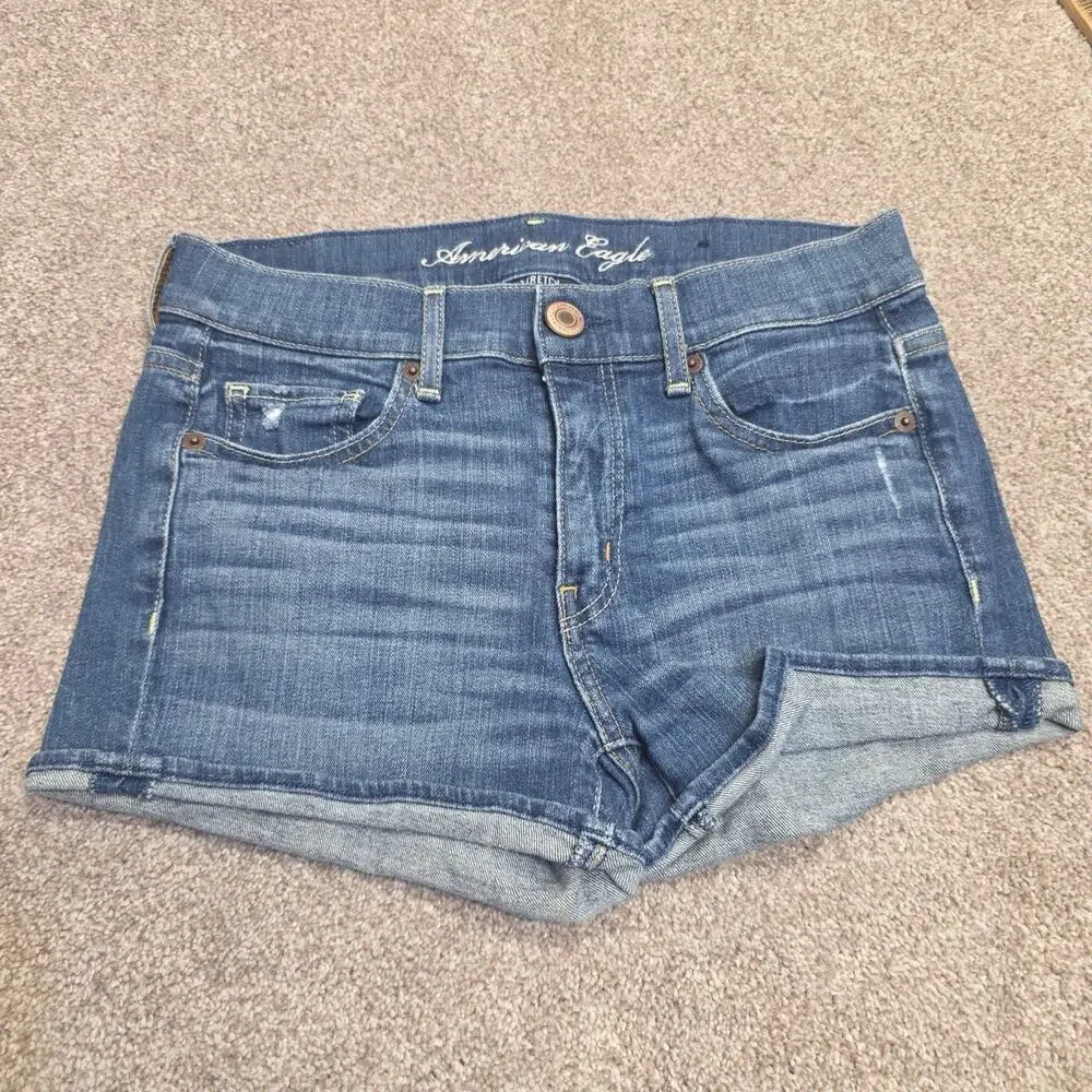 Y2K Indie Sleaze American Eagle Stretch Cuffed Shorts Sz 2 Medium Wash Indigo